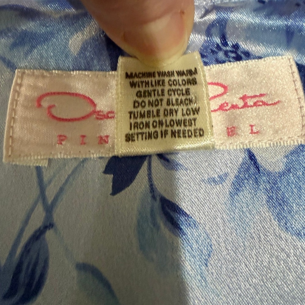 Oscar de la Renta Pink Label Blue Floral Satin Nightgown & Robe Set Large Y2K - Picture 8 of 16